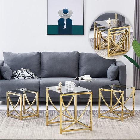AINPECCA Nest of 3 Coffee Table Modern Sofa Side End Table Tempered Gold glass with Stainless Steel Legs Nesting Tables for Living Room