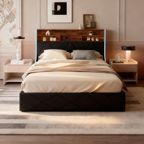 Lit coffre - POCKETPOP - 140x190 - PU negro - LED integrada - Somier de lamas de madera