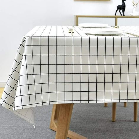 Nappe rectangulaire imperméable en PVC lavable, protection de table blanche à carreaux pour cuisine, pique-nique, intérieur et extérieur, 137 x 180 cm. (1/5)