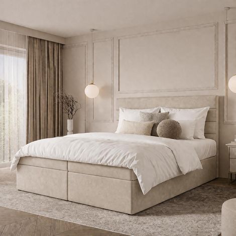 Sofello Boxspringbett BELLA ohne Füße – Inklusive Taschenfederkernmatratze – Luxus & Komfort vereintCreme Velours Samtbett ohne Füße (1/5)