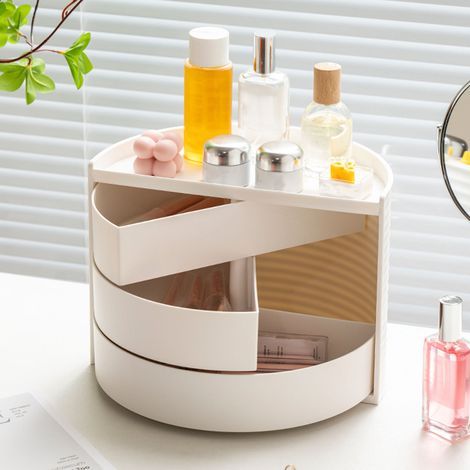Boîte de rangement rotative de style Instagram pour chambre à coucher, coiffeuse semi-circulaire, boîte de rangement anti-poussière pour maquillage, rouge à lèvres, bijoux et cosmétiques, blanche. (1/5)