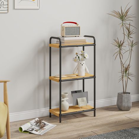 Mensola da bagno in bambù con 3 ripiani aperti, design a doghe e struttura in acciaio, 41,5x21,5x77,5 cm, colore naturale.