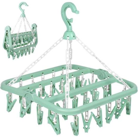 Séchoir pliable avec 32 pinces, gain de place, pour sous-vêtements, vêtements de bébé, chapeaux, chaussettes, vert. (1/5)