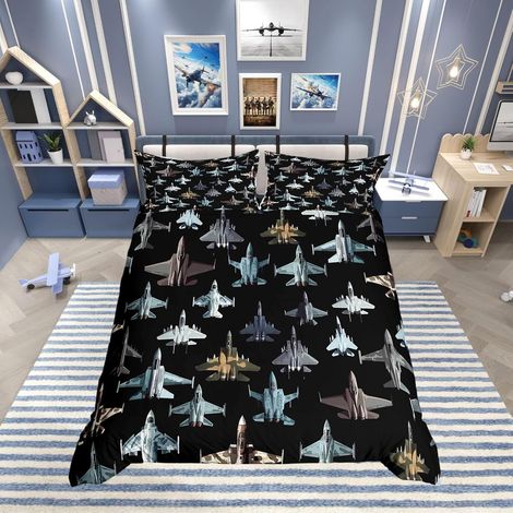 Housse de Couette 200x200 Enfant Avion Moderne, Parure de Lit Ado Garcon Avion de Chasse, Sets de Housses de Couettes Imprimé Jet Militaire Camouflage, Couvre Lit Armée Vintage (1/5)
