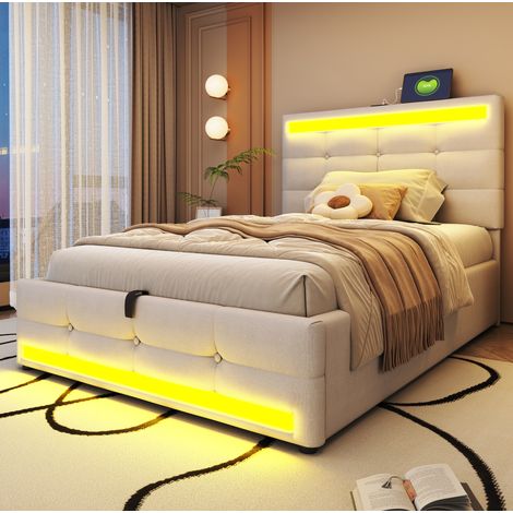 DESVIAE Lit rembourré LED RGB avec ports USB tête de lit réglable beige 90 x 200 cm (1/5)