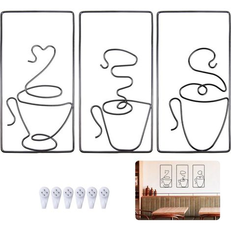 Décoration Murale en Métal, Cadres Decoratif Murales Fer Tasse à Café Art Minimaliste Muraux pour Cafe ​Cuisine Salon de Thé Restaurant Pub Deco, 3Pcs Noir, 24 x 12 cm (1/5)