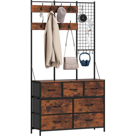 Meuble d'entrée 4 en 1, portemanteau, vestiaire avec 7 tiroirs en tissu et 14 crochets, 100 x 30 x 183 cm, brun rustique (1/5)