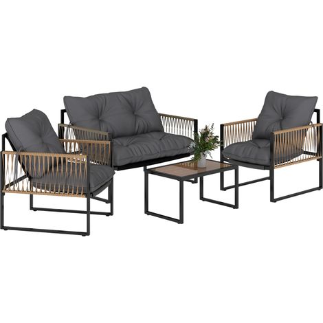 Ensemble de jardin en rotin synthétique gris comprenant 2 fauteuils, 1 canapé 2 places, 1 table basse et des coussins. (1/5)