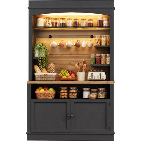 Meuble de cuisine haut LED noir 107 x 43 x 184 cm, rangement avec 6 crochets, niche ouverte et sécurité anti-basculement pour cuisine et salon – CHICFURN (1/5)