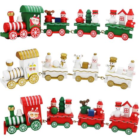 Set di 3 mini decorazioni natalizie in legno a forma di treno a vapore - Rosso, Verde, Bianco (1/5)