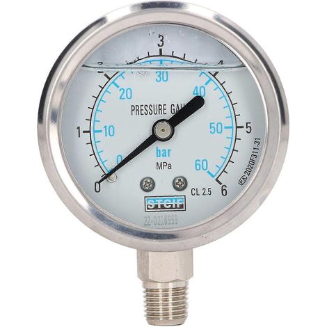 Druckmessgerät aus Edelstahl, vibrationsfest, Ölmanometer, 1/4-Zoll-NPT-Anschluss unten, 0–6 MPa