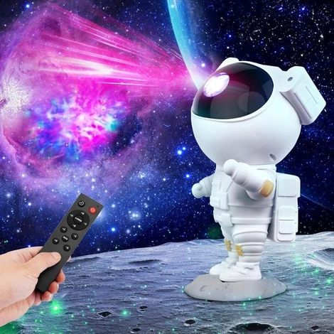 Projecteur d'astronaute (blanc) avec veilleuse galaxie et ciel étoilé, télécommande, rotation à 360° et réglage possible. (1/5)