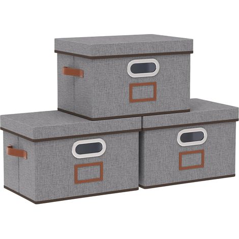 Lot de 3 Boite de Rangement Tissu avec Couvercle, 26x20x17cm, Gris Paniers de rangement Pliables avec Poignées, Boîte en Non tissé et PP plaque, pour Vêtement, Magazine pour Maison (1/5)