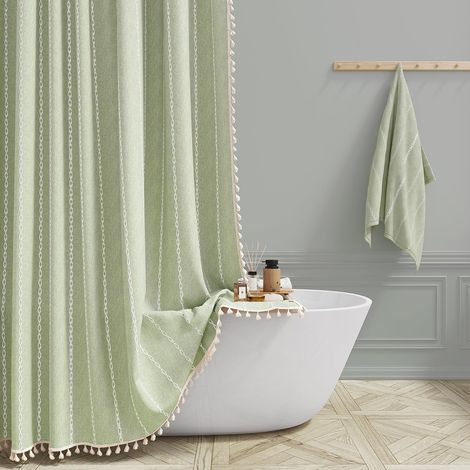 Filiyano-Rideau de douche style bohème champêtre - Accessoire en lin rustique à rayures épaisses, rideaux en tissu bohème vintage pour la campagne (1/5)