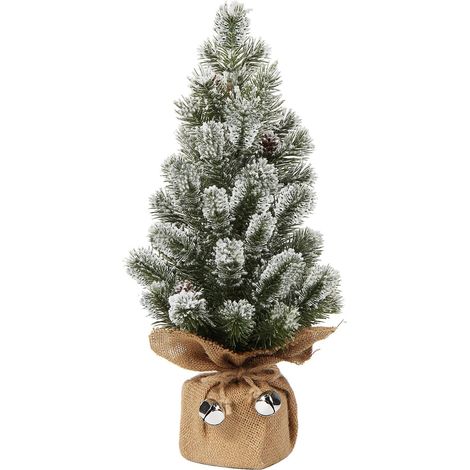 Mini Sapin de Noël de Table avec Base en Toile de Jute 40,6 cm Branches de pin artificielles couvertes de Neige pour la décoration de Noël Décoration intérieure Cuisine Table à Manger (1/5)