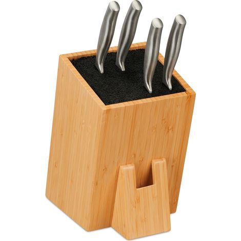 Relaxdays Knife Block, Storage for Blades, Universal Holder, Bristle Insert, Bamboo Rack, Without Knives, Natural/Black