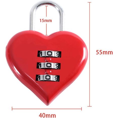 Lot de 2 cadenas en forme de cœur avec code numérique - Rouge - Petit cadenas à combinaison à 3 chiffres - Pour valises, armoires, casiers, sacs à dos (1/4)