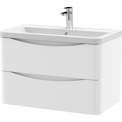 Dunwood Contemporary 2 Drawer Wall Hung Vanity Unit with Basin, Satin White, 800mm