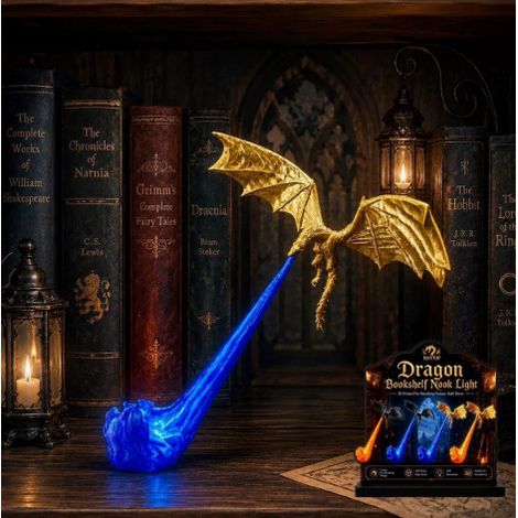 Lampe serre-livres 3D Dragon, Lampe d'angle fantaisie pour bibliothèque, Lampe serre-livres décorative LED, Décoration murale pour la maison Dragon doré + Dragon bleu - Grand dragon doré + Dragon bleu (1/4)