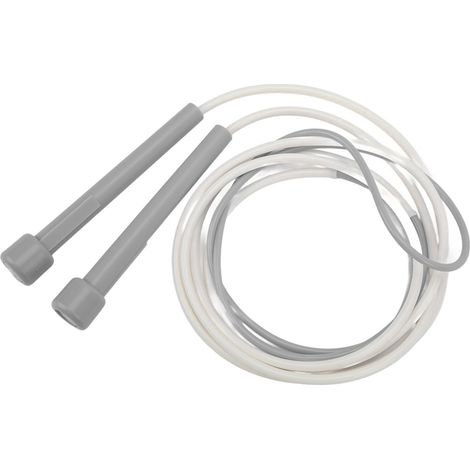 Corde à sauter ajustable, idéale pour le fitness et adaptée aux élèves du primaire, de la maternelle au lycée. Poignée grise et corde grise et blanche. (1/5)