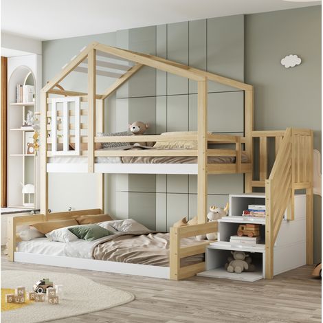 lit double couchage rangement 90x200 140x200 naturel OKMYHOME (1/5)