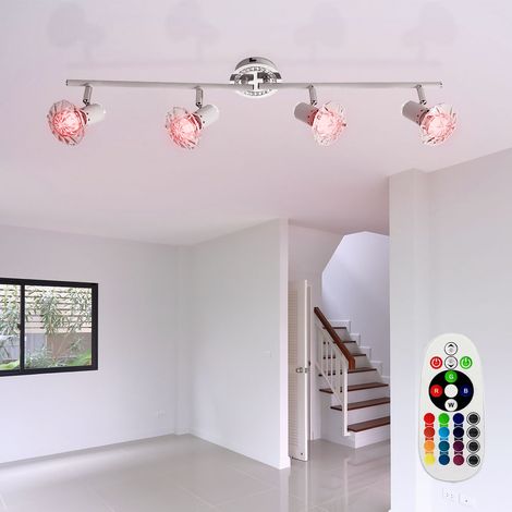 Deckenleuchte schwenkbar LED Spots silber Deckenlampe GU10 4-flammig, Fernbedienung dimmbar, 4x RGB LED 3,5W 290Lm warmweiß, LxBxH 70x10x14,5 cm