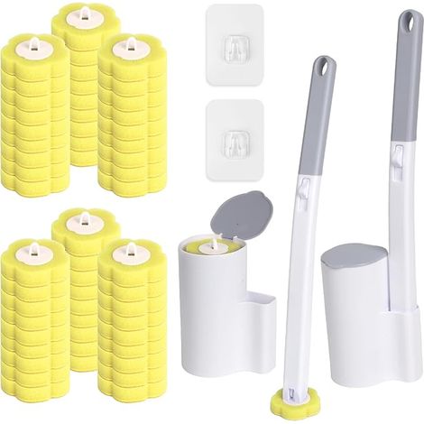 Brosse WC jetable, Lot de 2 avec Manche Extensible et Support, avec 54 recharges nettoyantes pour lavabos, baignoires et piscines (Jaune) (1/5)