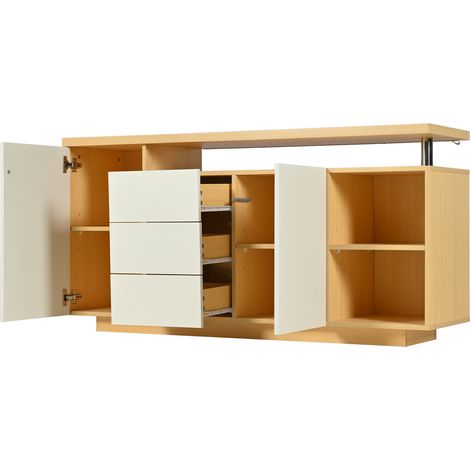Madia multifunzione 140 cm bianco e rovere, 2 ante, 3 cassetti, LED (1/5)