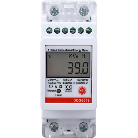 Contatore di energia monofase, misurazione bidirezionale, montaggio su guida DIN 2P, consumo di energia elettrica in kWh, con comunicazione RS485, CA 230 V 5 A (1/5)