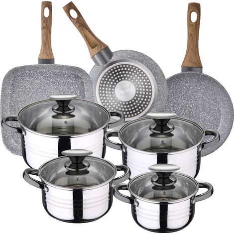Bateria de cocina 8 piezas SAN IGNACIO Dina de acero inoxidable con juego de sartenes (18/22 cm) y grill 28x28 cm SAN IGNACIO Daimiel en aluminio forj (1/5)