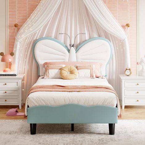 Cama infantil - Mariposa - 90x200 cm - Cabecera acolchada de terciopelo & LED de lectura - Banda LED RGB con control remoto, altura ajustable