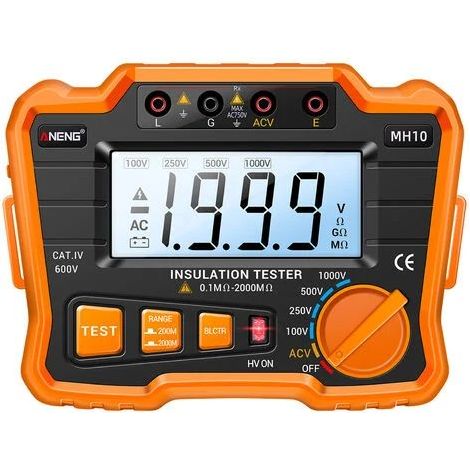 Testeur de résistance d'isolement numérique MH10 0,1 MΩ-2000 MΩ, mégohmmètre rétroéclairé LCD, tension de sortie 100/250/500/1000 V CA, résistance isolée 750 V, avec étui à fermeture éclair (orange) (1/5)