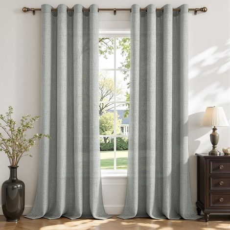 Rideau Voilage Effet Lin Tamisant à Œillets, Rideaux Voilage Semi-Transparents pour Fenetre Baie Vitrée Chambre et Salon, Style Naturel, 2 Panneaux 140 x 245 cm, Vert Gris (1/5)