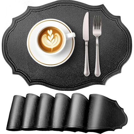 Lot de 6 sets de table ovales en similicuir noir, essuyables, résistants à la chaleur, antidérapants, imperméables, pour maison et r (1/5)