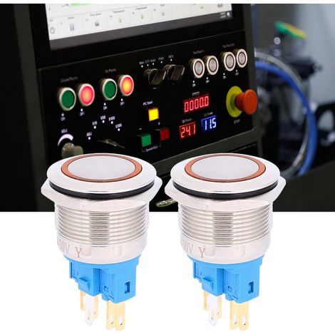 2 Stück AC220V 22mm Edelstahl-Ring-Reset-Taster, 6-polig, orange (1/5)