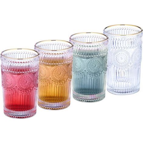 Verre À Boire - 400 Ml - Vintage Bord Doré Motif - Pour Jus Fruits Eau Cocktail - Lot De 4 (1/5)