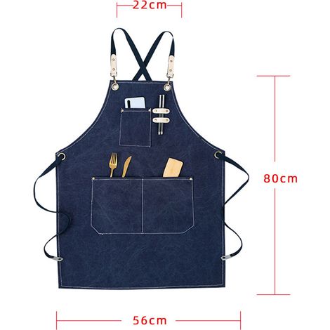 Tablier à poches et bretelles amovibles, en toile de coton imperméable, confortable, bleu marine, idéal pour la restauration.