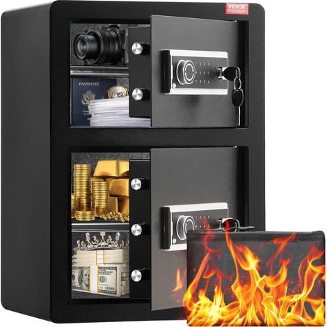 Coffre-fort à Double Porte 99 L, Déverrouillé par Clé et Mot de Passe, avec Sac Ignifuge, Porte-Clés, Lumière LED et 2 Séparateurs Réglables en Hauteur et Amovibles, pour Argent, Bijoux, Noir (1/5)