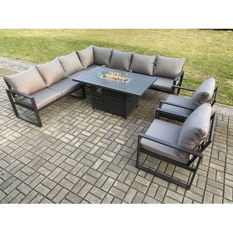 Fimous Aluminium 8 Pieces Garden Furniture Corner Sofa Set with Cushions Gas Fire Pit Dining Table Set Gas Heater Burner with 2 Chairs Dark Grey (1/5)