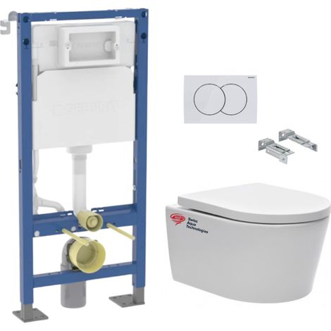 Pack WC suspendu sans bride 112 cm – Bâti autoportant Geberit SATGEBXBPNEW – Cuvette céramique avec abattant frein de chute – Fixations invisibles (1/5)