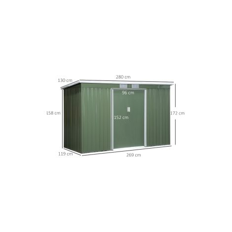 Abri de jardin, cabane de jardin, abri à outils avec porte coulissante, fenêtre de ventilation, toit plat, extérieur, acier, vert clair, 280 x 130 x 172 cm (1/5)