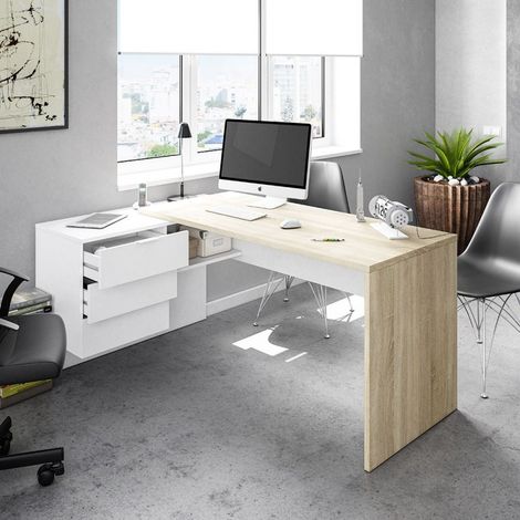 Mesa Escritorio de Oficina Office Roble Canadian y Blanco Artik 145x102x73 cm (1/10)