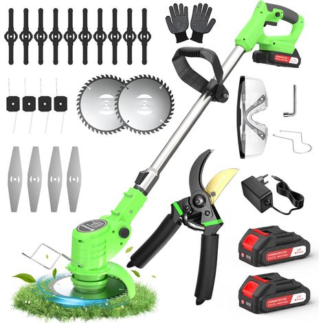 LEDANDER Coupe-bordures sans fil 21V (batterie 2 Ah) avec 2 batteries et 20types de lames – Léger et puissant, idéal pour l'entretien du jardin (Vert) (1/5)