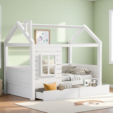 Lit cabane enfant 90 x 200,lit enfant avec barriere,lit enfant cabane avec tiroir,lit junior,lit enfant en bois massif polyvalent,fenêtre et sommier à lattes,blanc