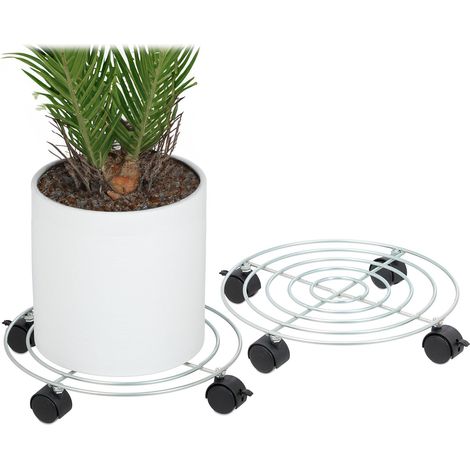 Relaxdays Pflanzenroller, 2er Set, Ø 32 cm, Blumentopfuntersetzer mit Rollen, Stahl, Blumenroller für innen, silber