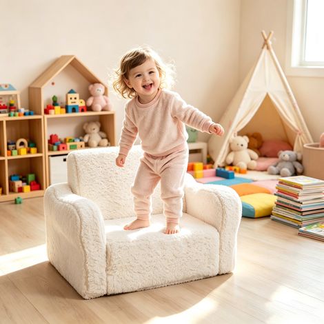 Fauteuil de jeu enfant 2 en 1 convertible avec mousse et revêtement sherpa doux, canapé enfant confortable, beige (1/5)