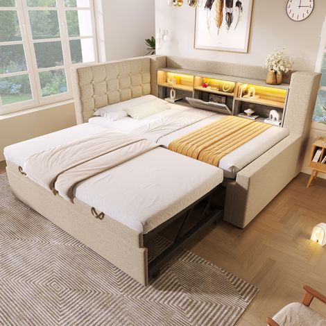 Lit gigogne 90x200 cm, Canapé lit d'appoint avec LED intelligente, Banquette lit avec étagères de rangement de tête de lit en L réversible, Beige (1/5)