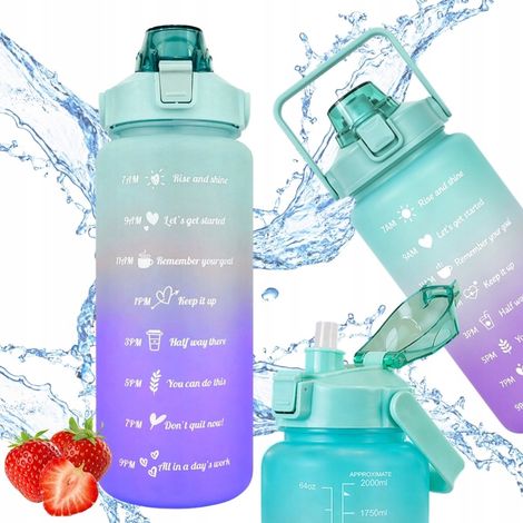 Bouteille de 2 litres Violet/ Blauw avec bracelet gratuit - Bouteille de motivation - Bouteille d'eau - Paille - 2 litres - Marquage du temps - Bouteille de sport - Pichet à eau - Bouteille de 2 litre (1/5)