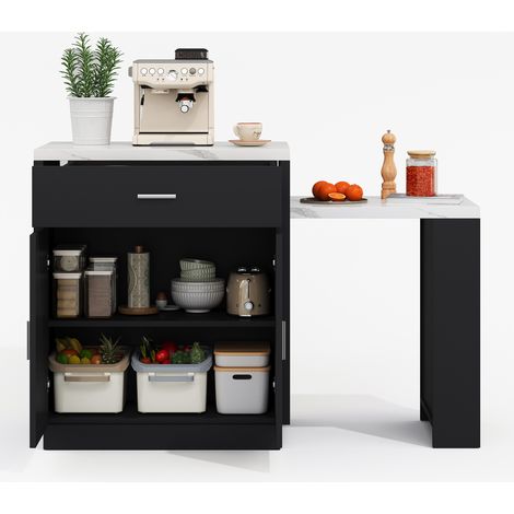 Îlot de cuisine avec table extensible pour 2 à 6 personnes, rangements intégrés, prises USB, MDF noir et effet marbre blanc – CHICFURN (1/5)