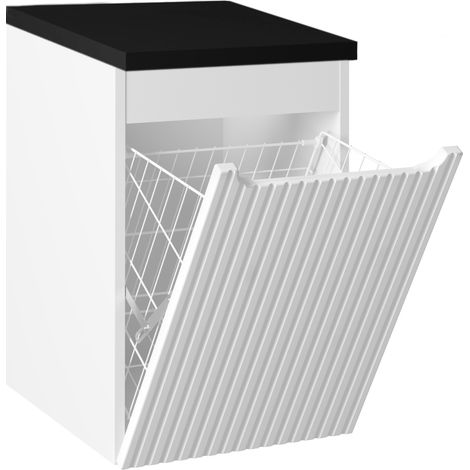 Meuble bas de salle de bain NOVA blanc avec panier à linge et plan noir 40 cm (1/5)